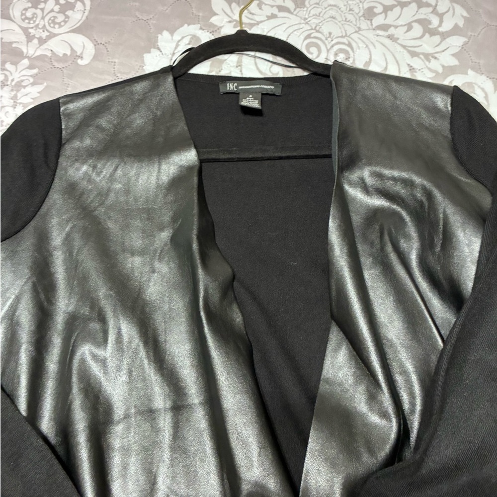INC International Concepts Black Faux-Leather Open Front Cardigan Jacket